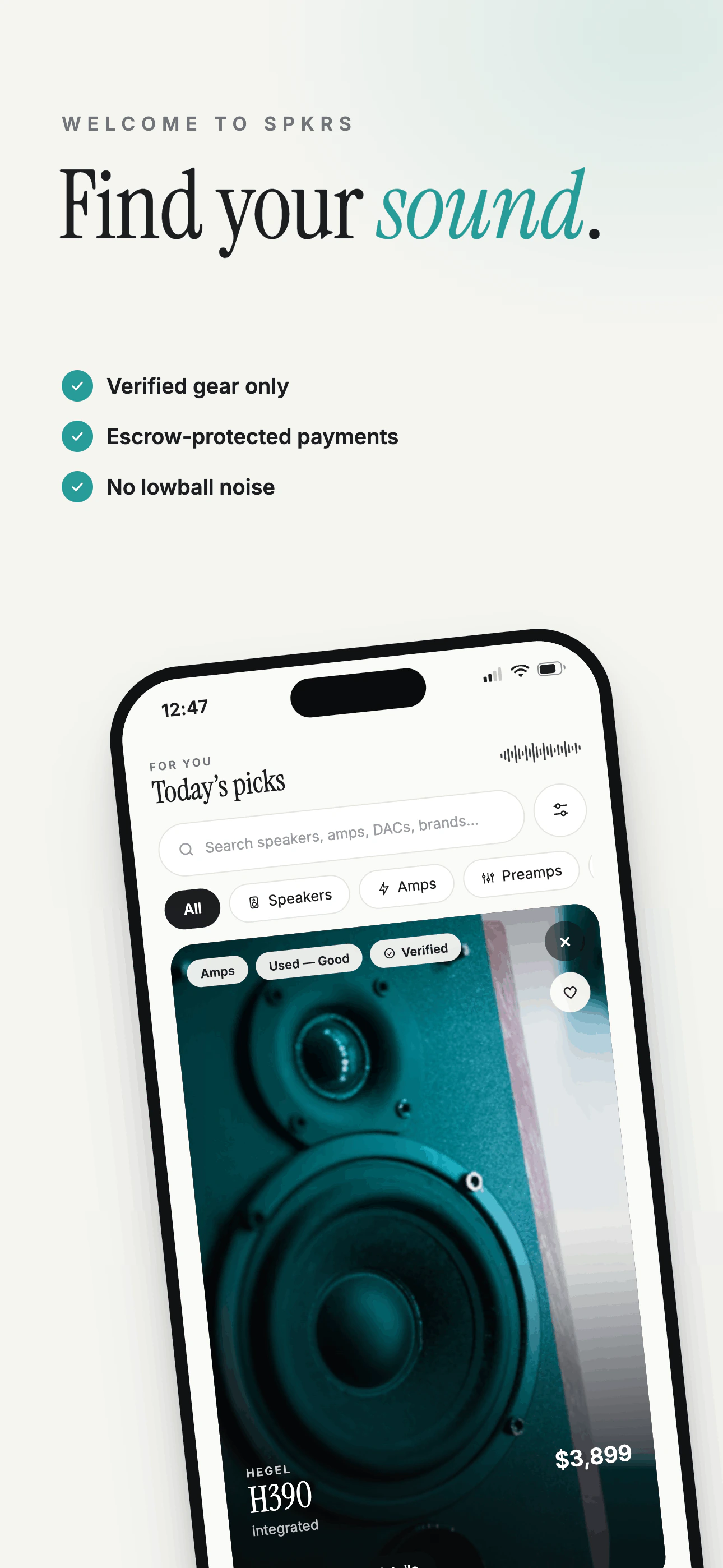 App Store marketing frame for Spkrs: an iPhone showing the For You feed with a verified, escrow-protected listing for a Hegel H390 integrated amplifier at $3,899.